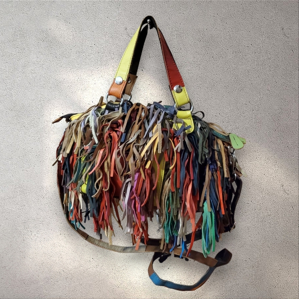 Vintage Multicolored All Leather Fringed Handbag Y2K Boho Tassel Satchel Purse - Picture 9 of 14